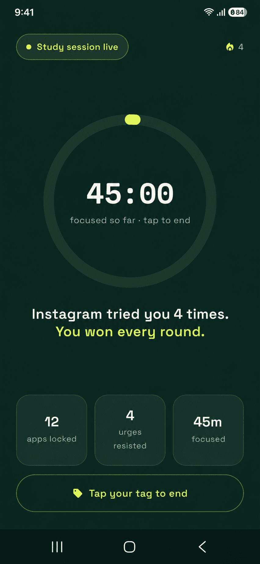 An active Study session showing 12 locked apps, four resisted urges, and tap your tag to end — illustrative demo data