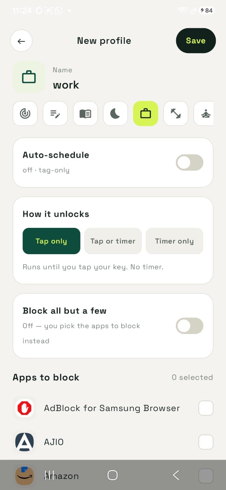Distly profile editor with app selection, scheduling, and tap or timer unlock options