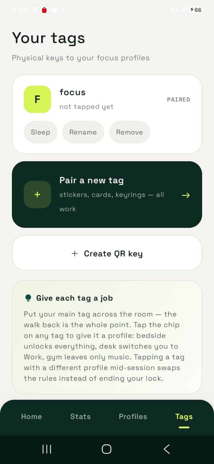 Distly tag manager explaining how to assign a profile to each physical key