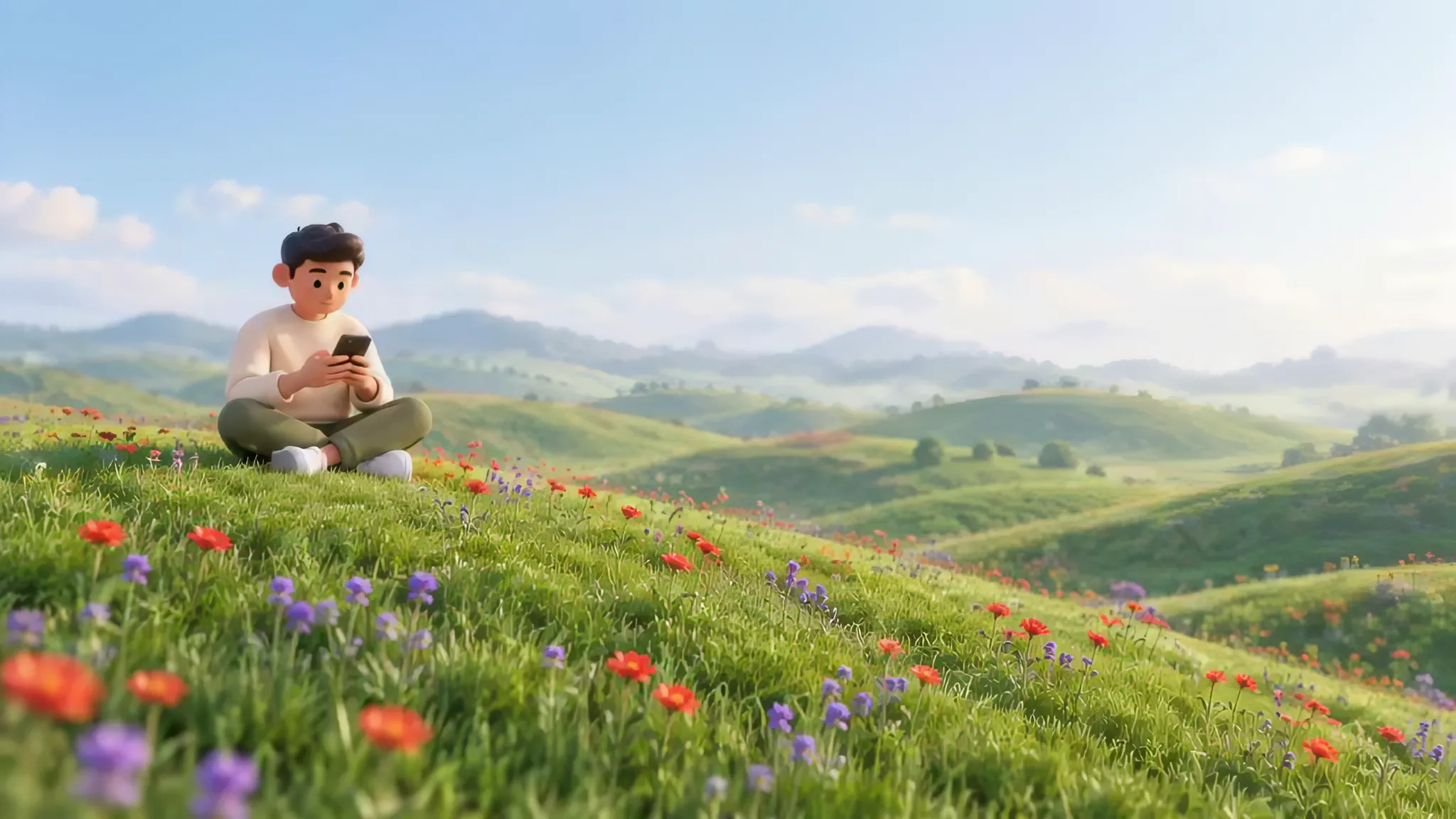 A young man sitting cross-legged on a flowering hillside, looking down at his phone.